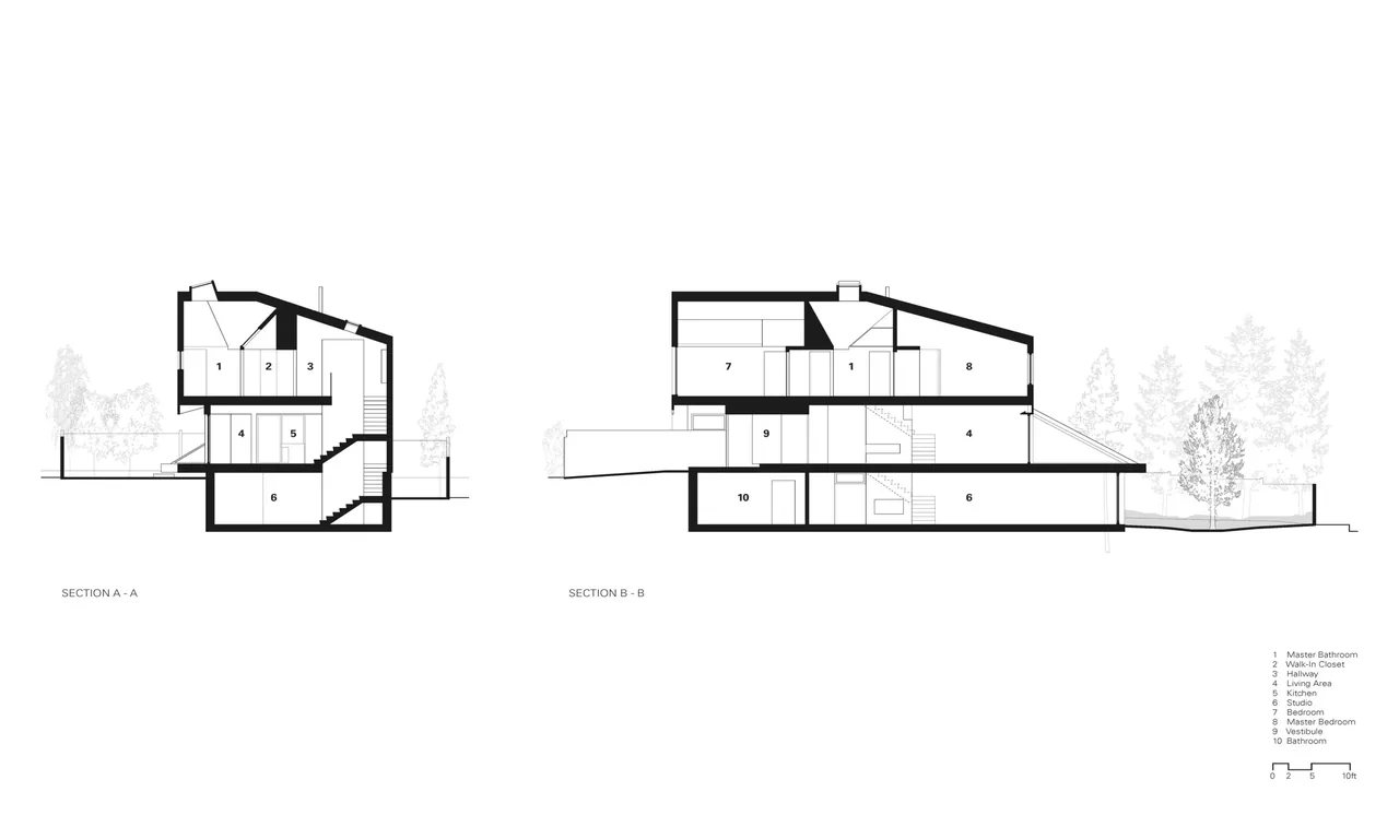 Cross section drawings labeled A-A and B-B show spatial organization and staircases of the house ii project.