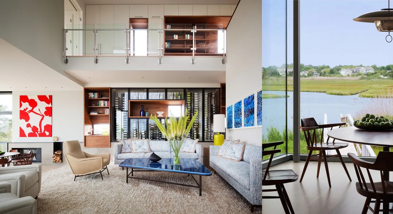 Open living and dining area featuring a waterfront view through floor-to-ceiling glass and modern furnishings.