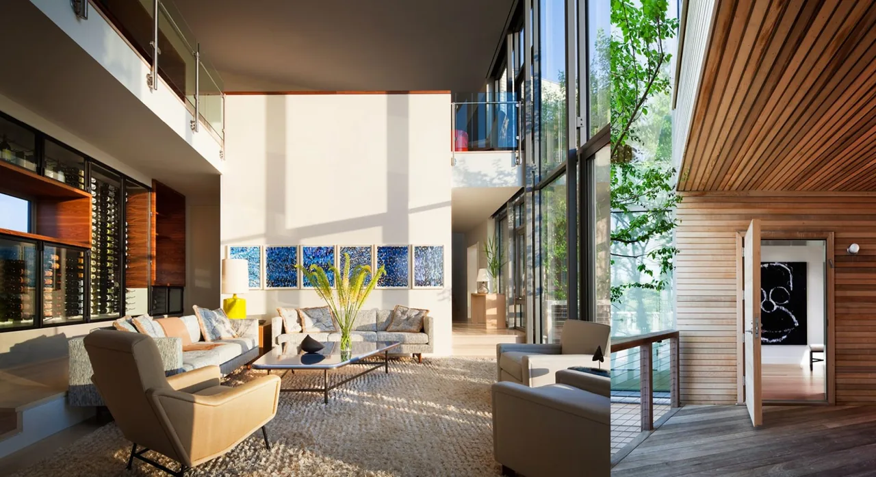 Living room features floor-to-ceiling glazing and black window frames, with a wood-paneled entry and glass railing on the upper floor.
