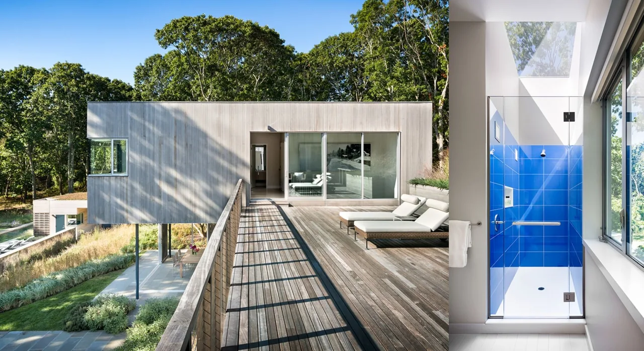 Hill House features a cantilevered volume with light wood cladding and an outdoor deck, alongside a bathroom with a blue tiled walk-in shower under a skylight.