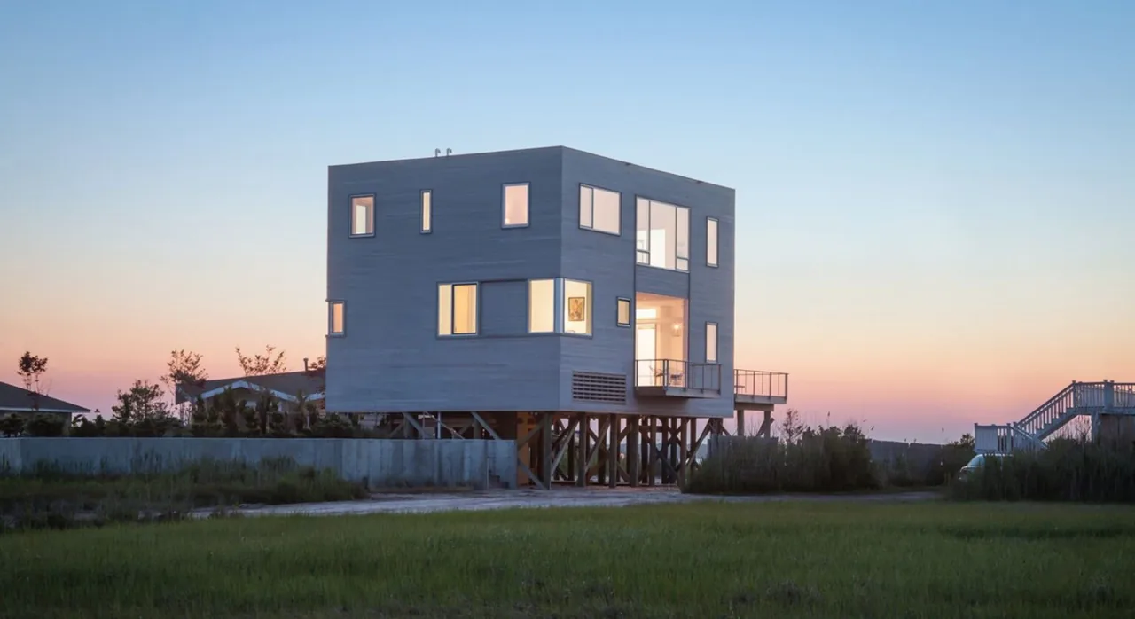 Cube House by Leroy Street Studio is a modern elevated cube-shaped home with multiple rectangular windows.