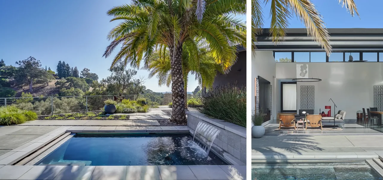 The Cameron Hills Residence features a pool with a waterfall edge beside an outdoor living area with modern furniture and large clerestory windows.