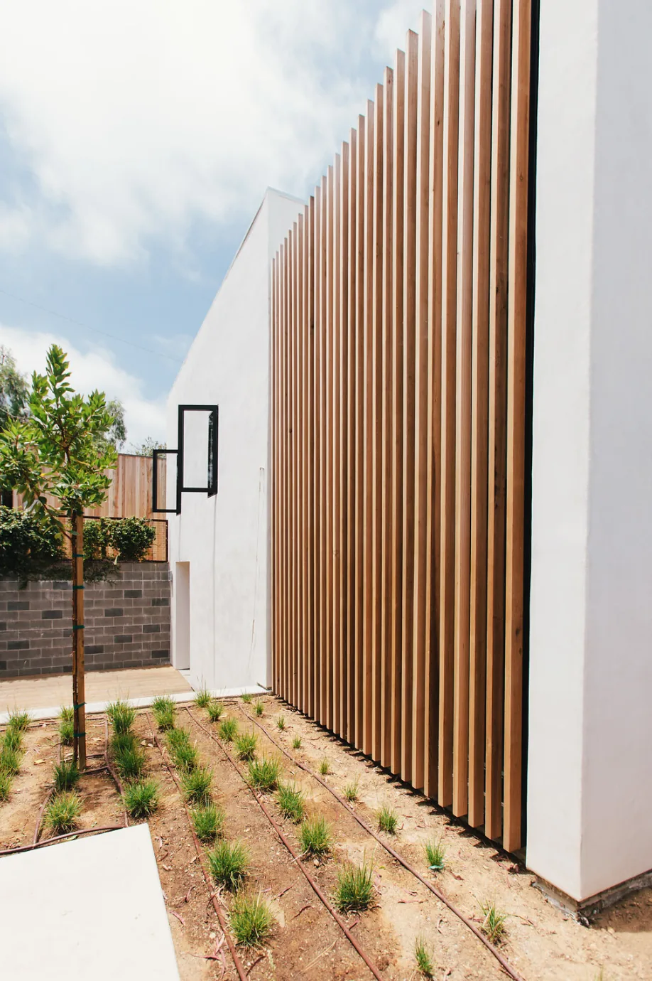 Modern building exterior with vertical wood slat siding and a planted garden area on 32nd Street project.