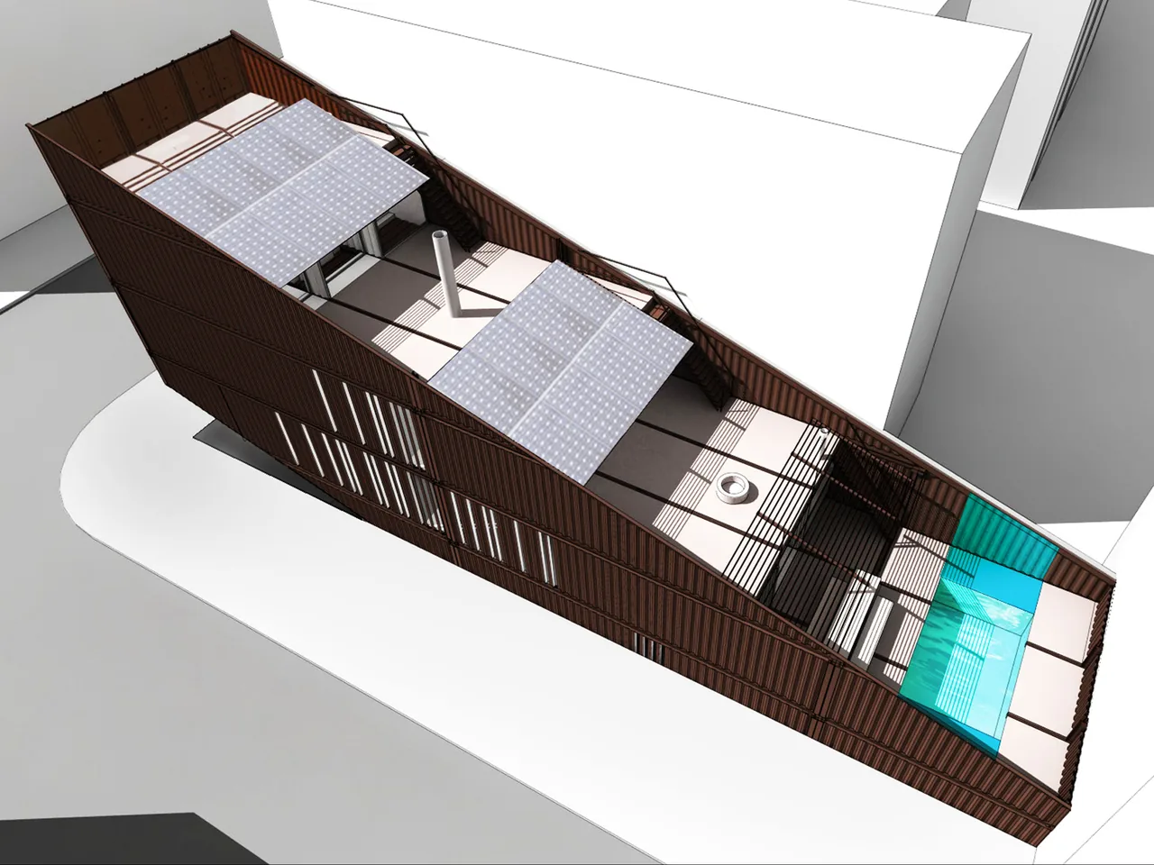 Rendering of Carroll House showing elongated roof with solar panels and a turquoise pool at one end.