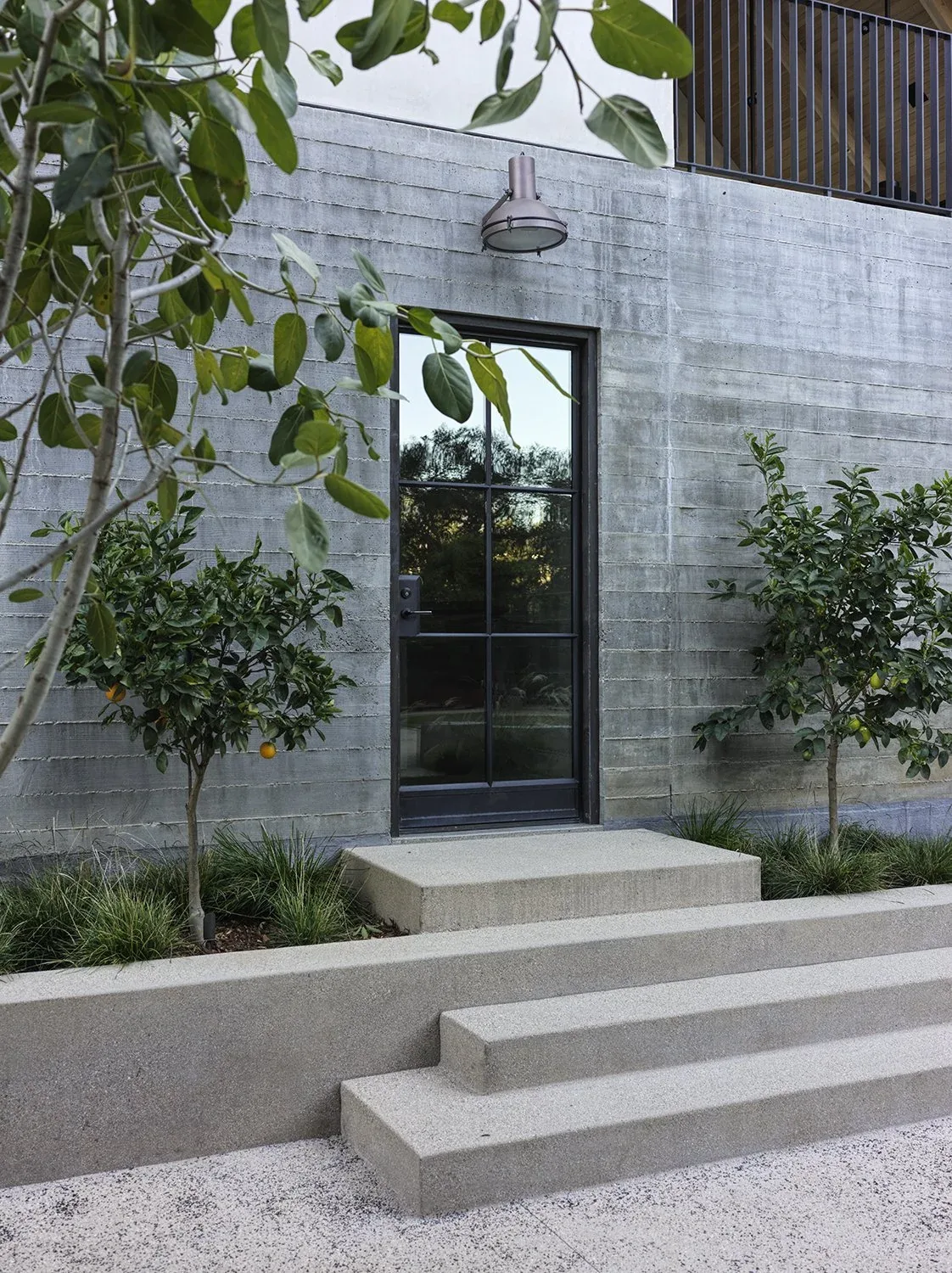 Concrete wall exterior with black windowpane door and planted citrus trees at Canyon House.