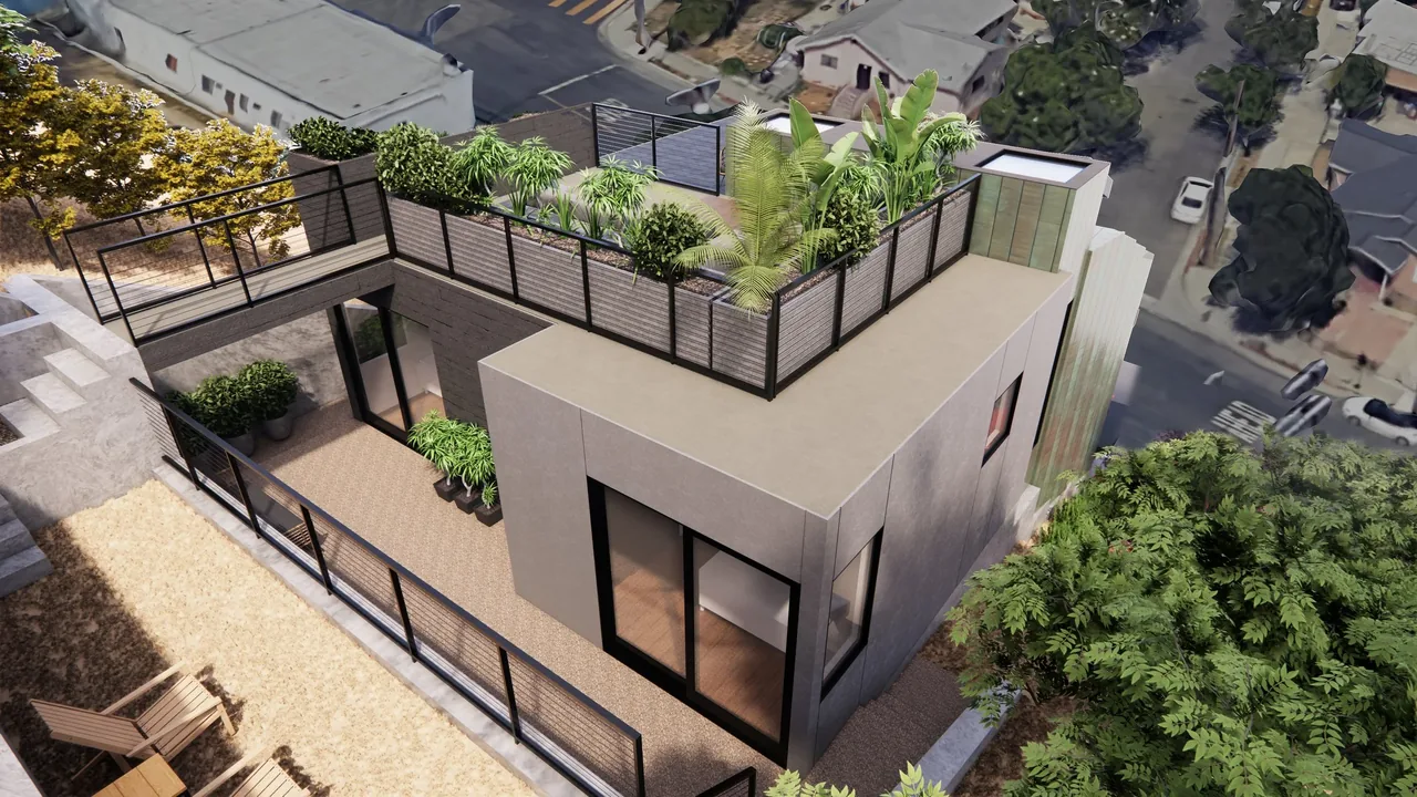 Modern rooftop terrace with plants and outdoor seating on a hillside multi-level structure.