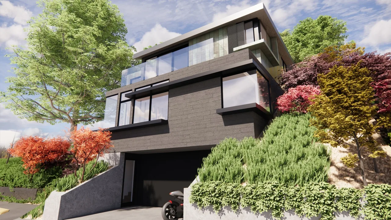 Sierra project by MAKE Architecture features a modern multi-level structure with garage below the living area on a hillside site.