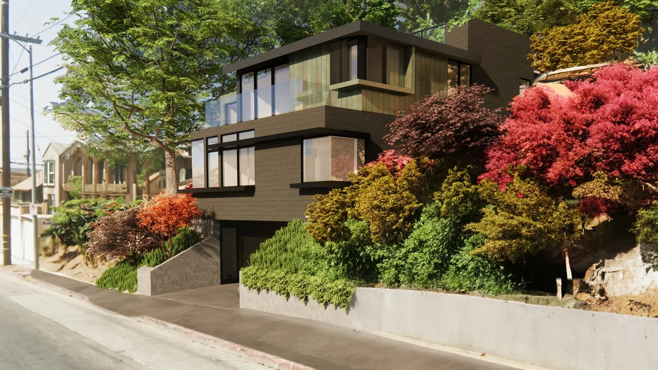 The Sierra project is a three-level modern home built into a hillside with dark exterior siding and abundant landscaping.