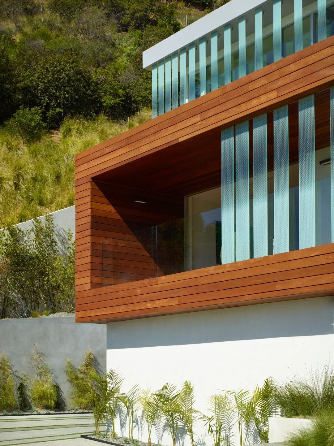 Rising Glen features a modern exterior with warm wood siding and vertical frosted glass panels by MAKE Architecture.