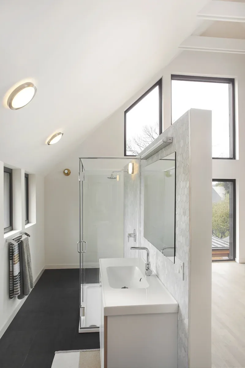 Bathroom interior of Palatine Passive House with glass shower and black-framed windows under a sloped ceiling.