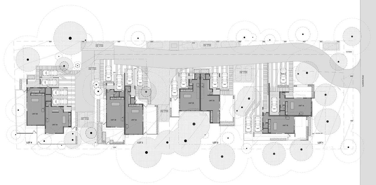 Site plan of Clawson Duplexes illustrating unit arrangement, parking, and surrounding vegetation.