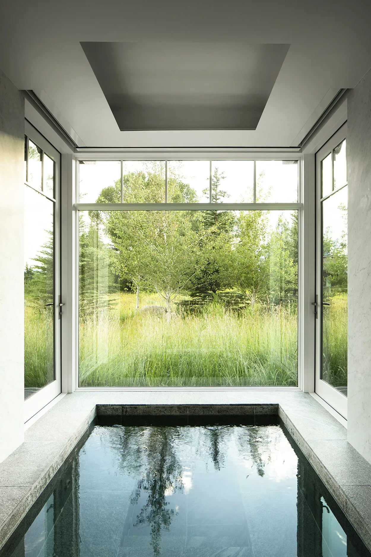 Reflecting pool inside a glass-walled room looking out to a natural landscape with trees and grass.