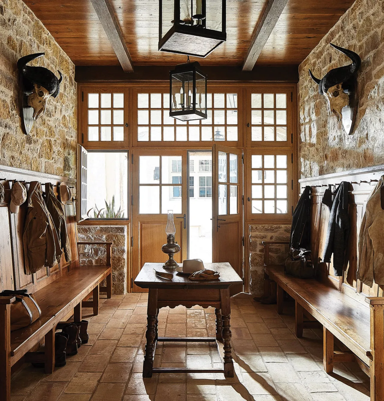 Entryway featuring stone and wood elements with built-in benches and large glass-paneled doors.