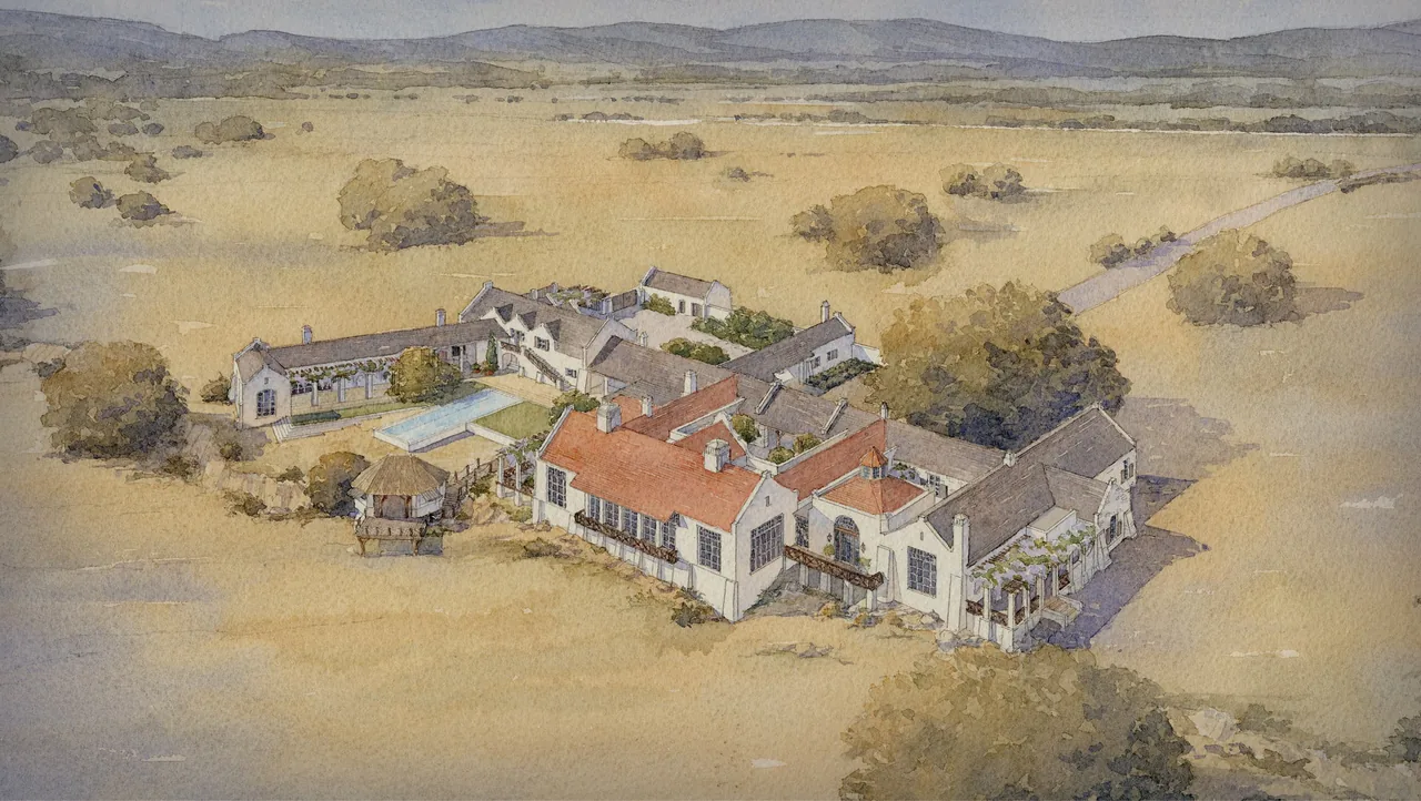Watercolor rendering of Rancho Sabino Grande shows a sprawling ranch-style house with courtyard and pool in an open landscape.