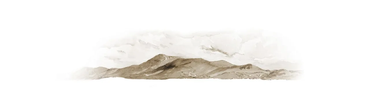 Watercolor rendering of a mountain landscape with soft peaks and cloudy sky, part of Rancho Sabino Grande context.