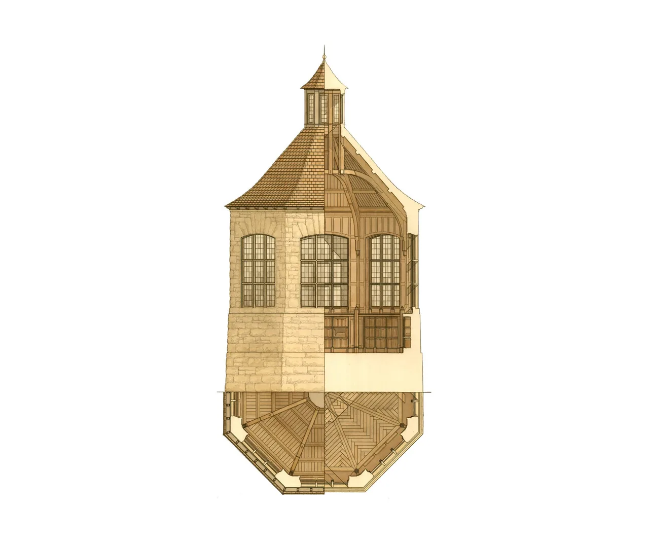 Drawn elevation and sectional plan of a turret with stone walls and detailed timber ceiling and floors, part of the Turnberry project.