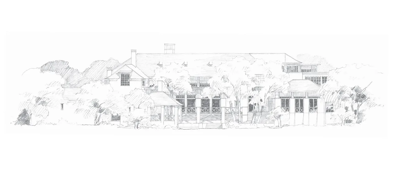 Pencil sketch shows the exterior rear elevation of the Turnberry house with trees in front.