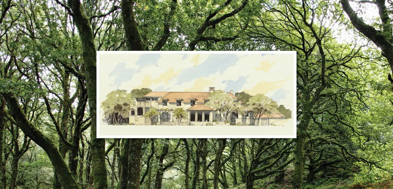 Watercolor rendering of Turnberry house with stone facade, arched windows, and red tile roof.