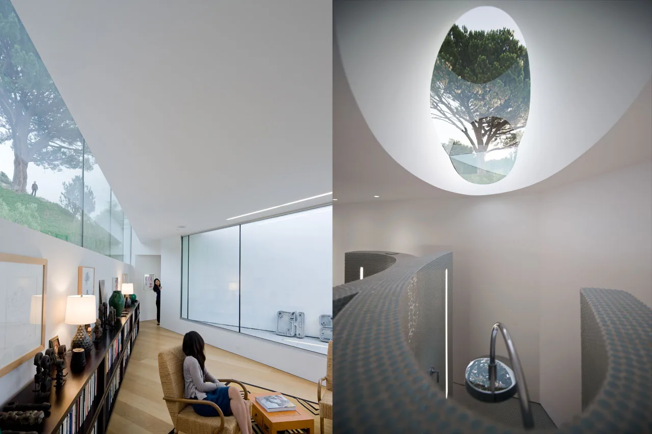Interior spaces at Pittman Dowell residence by Michael Maltzan Architecture feature expansive windows and unique skylights.