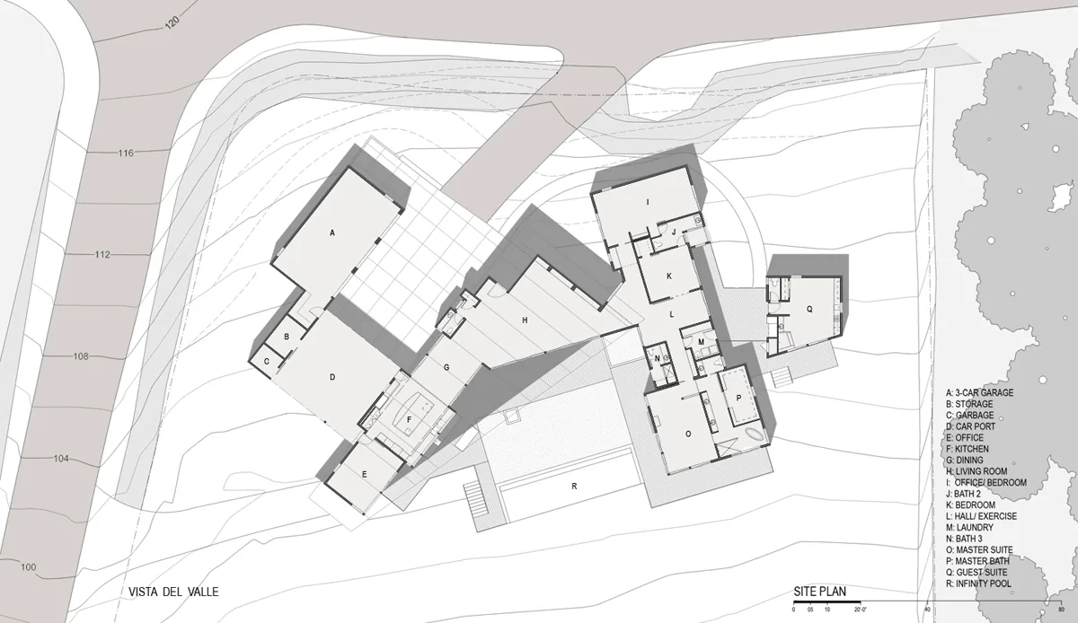 Site plan for the Vista Del Valle residence by Zimmerman + Associates, showing multiple wings, outdoor pool, and landscape contours.