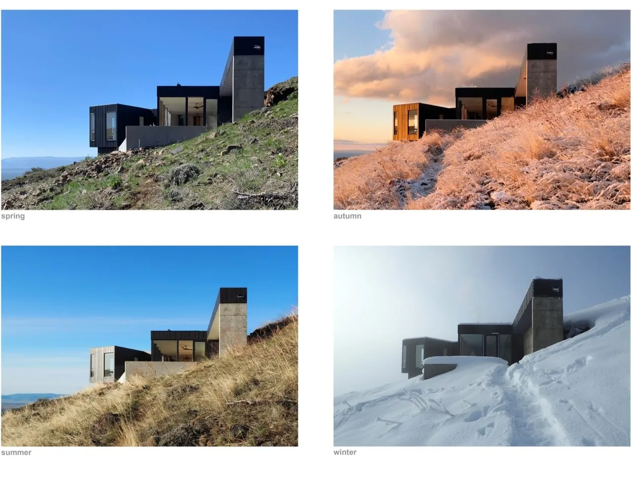 Photographs show a modern hillside home in four seasons, highlighting its integration with the natural terrain and seasonal vegetation.