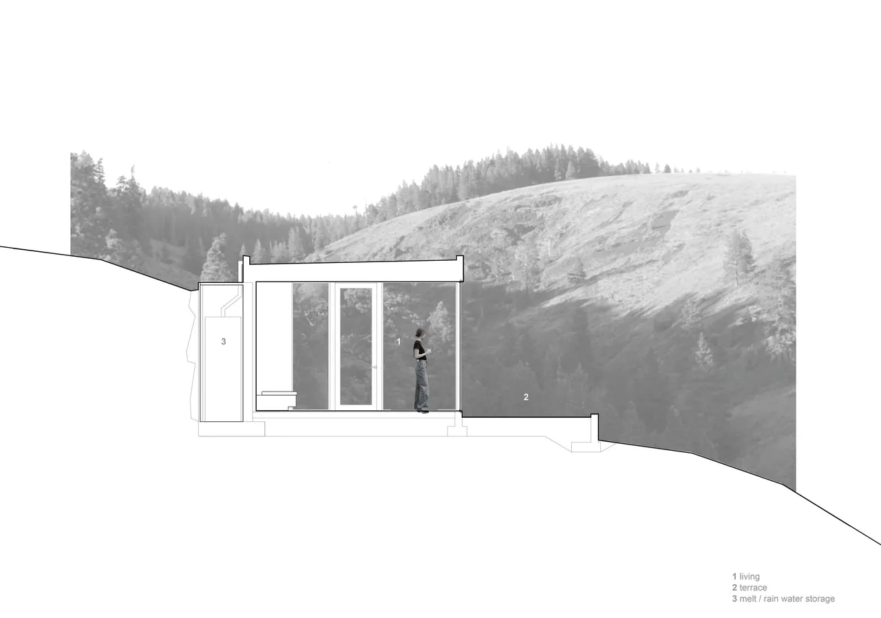 Section drawing of Basalt Canyon Shelter shows living area with terrace and hillside location with rain water storage.