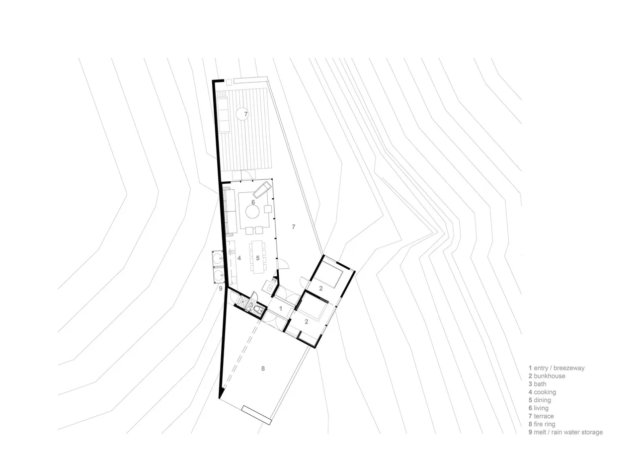 Basalt Canyon Shelter floor plan with labeled entry, bunkhouse, bath, cooking, dining, living, terrace, fire ring, and water storage areas.