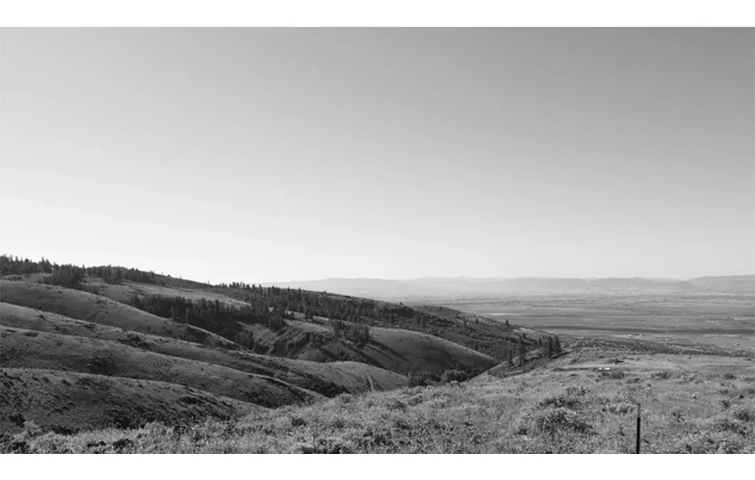 Hilltop view of rolling hills in natural terrain under clear sky at Basalt Canyon Shelter.