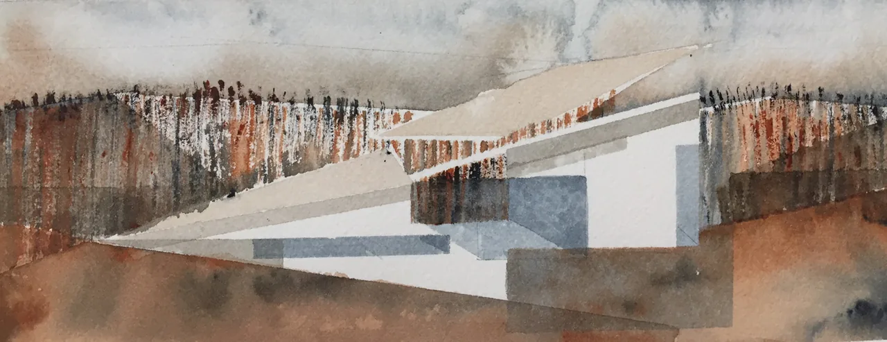 Watercolor artwork depicts a modern residence with a curved roofline amid an autumnal landscape with a stone path.