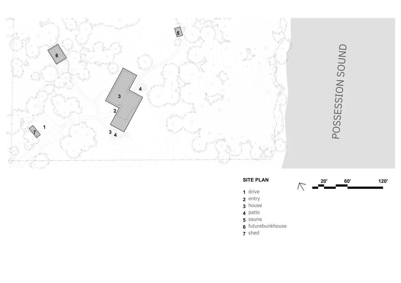 Site plan of the Whidbey Bluff House project depicting house, patio, entry, sauna, shed, and drive next to Possession Sound.