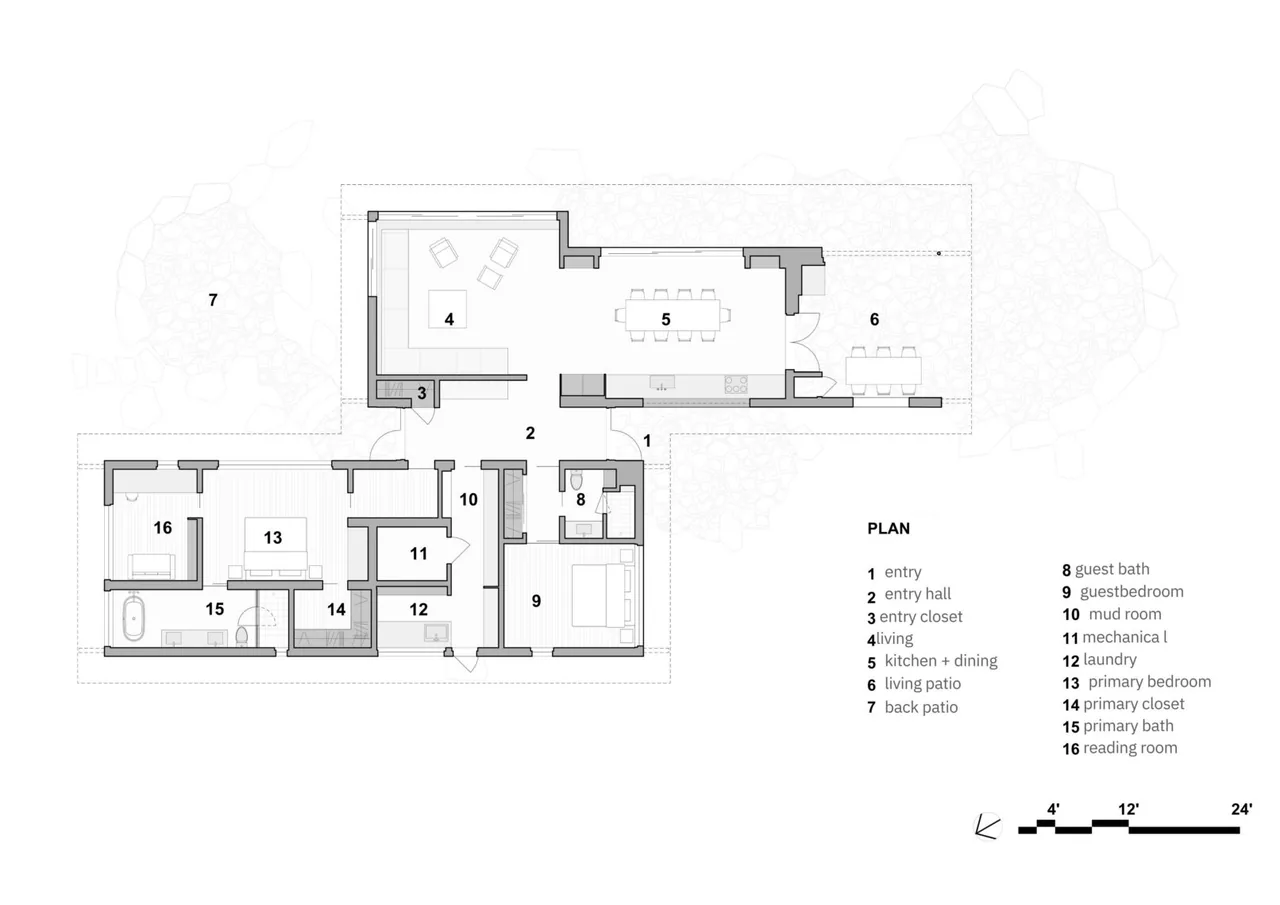 Floor plan of the Whidbey Bluff House by SHED Architecture & Design showing entry, living areas, bedrooms, baths, and patios.