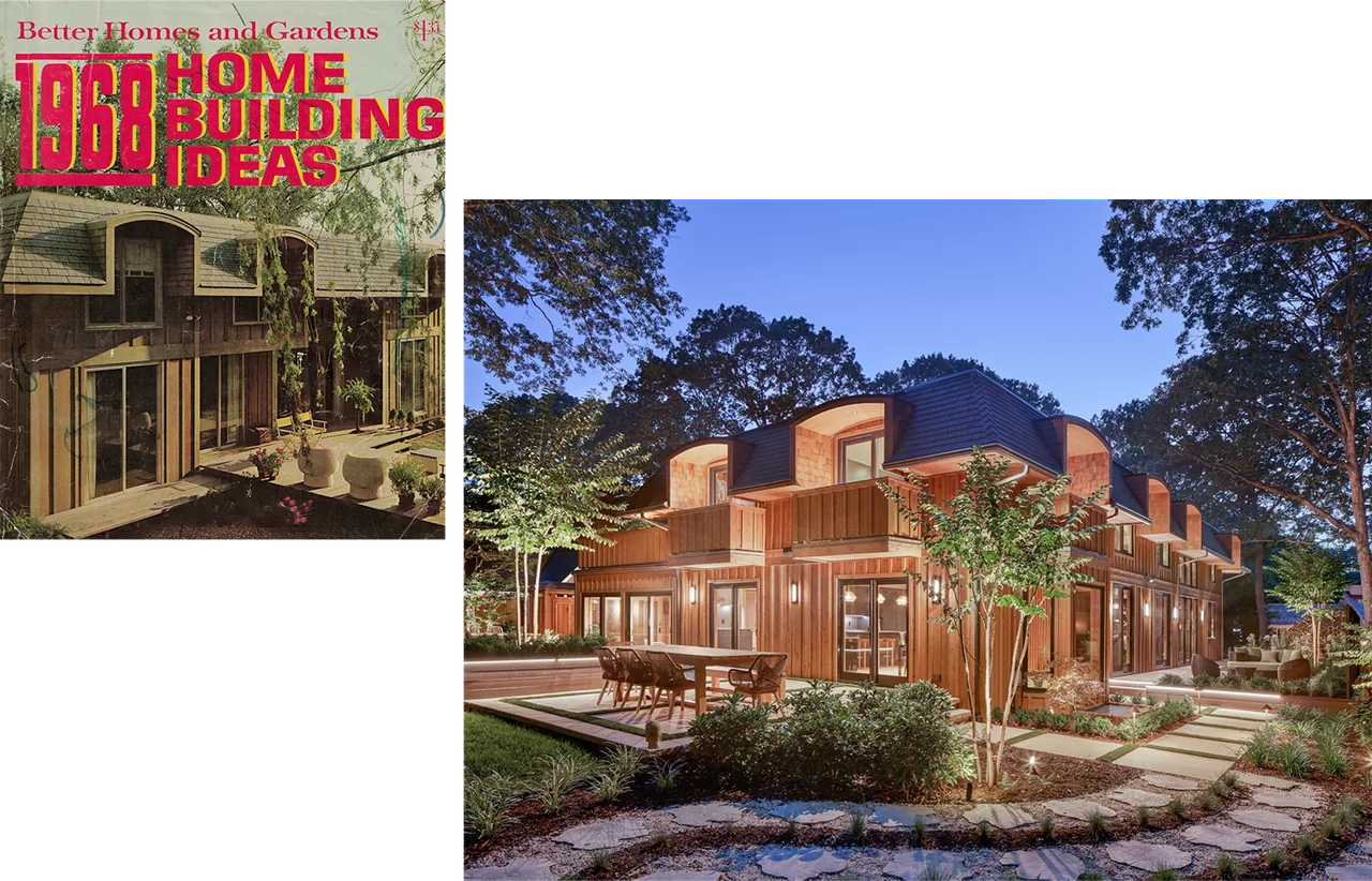 Tidewater residence by Moto Designshop shows curved dormer roofs and extensive wood siding in a wooded setting.