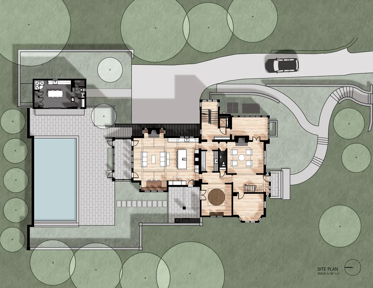 Site plan of Cathedral View project by Moore Architects, highlighting the house layout, pool, driveway, and garden areas.