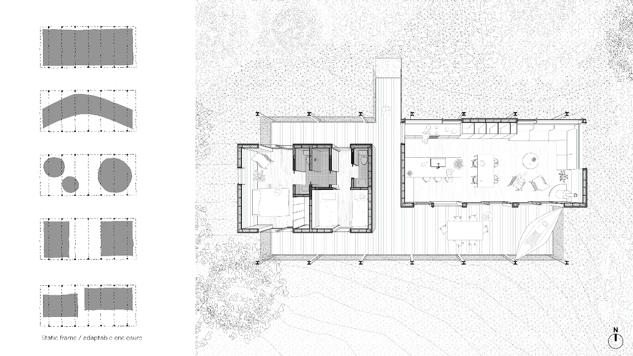 Floor plan of the Trestle Cabin showing living, dining, kitchen, and bedroom areas connected by an elevated deck.