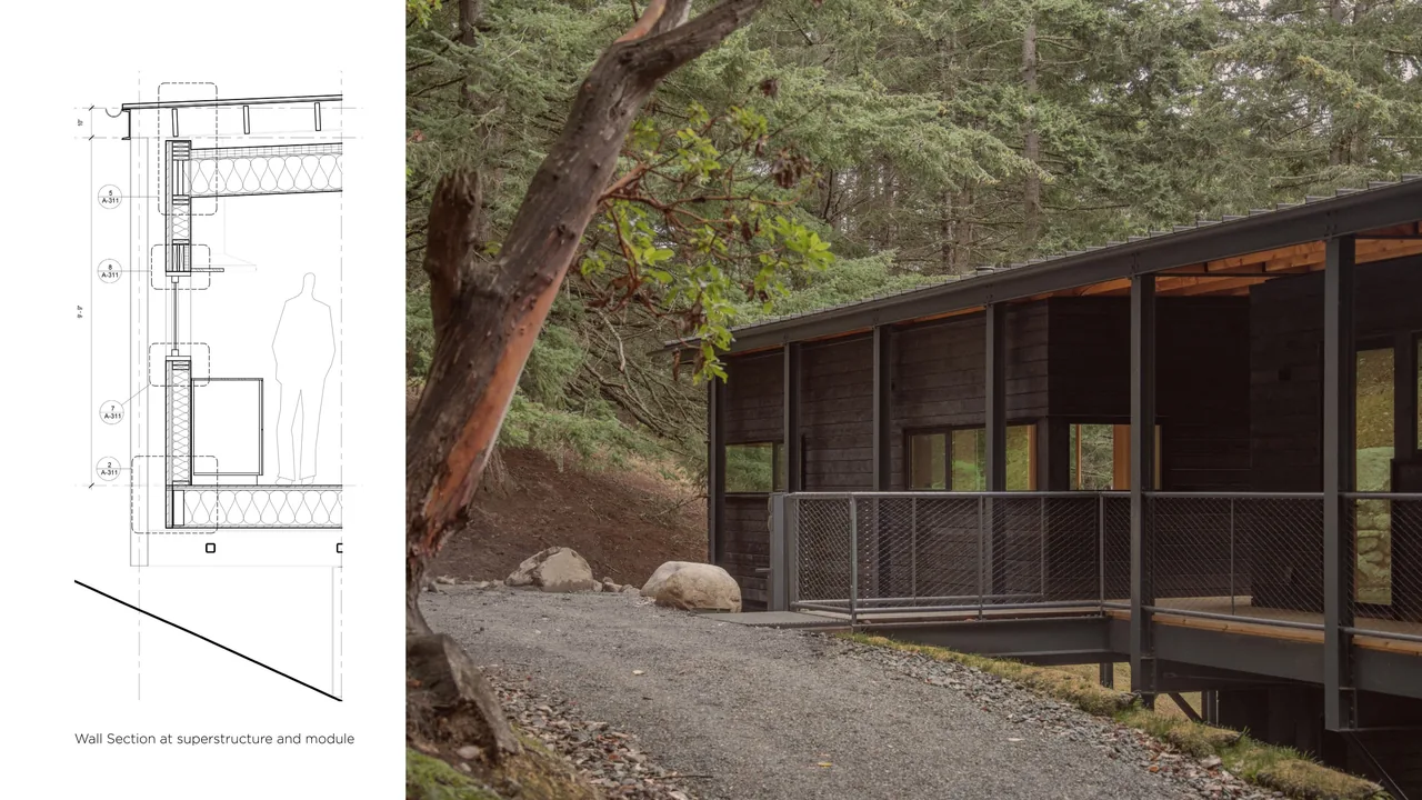 The Trestle Cabin features dark wood siding with metal structural elements and is elevated on a wooded site.