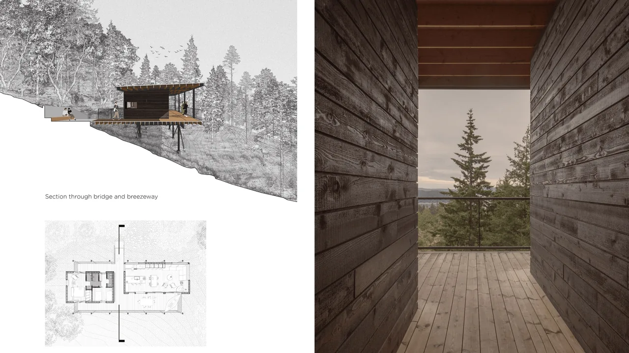 This passageway connects sections of the elevated wooden Trestle Cabin with views of the surrounding forest.