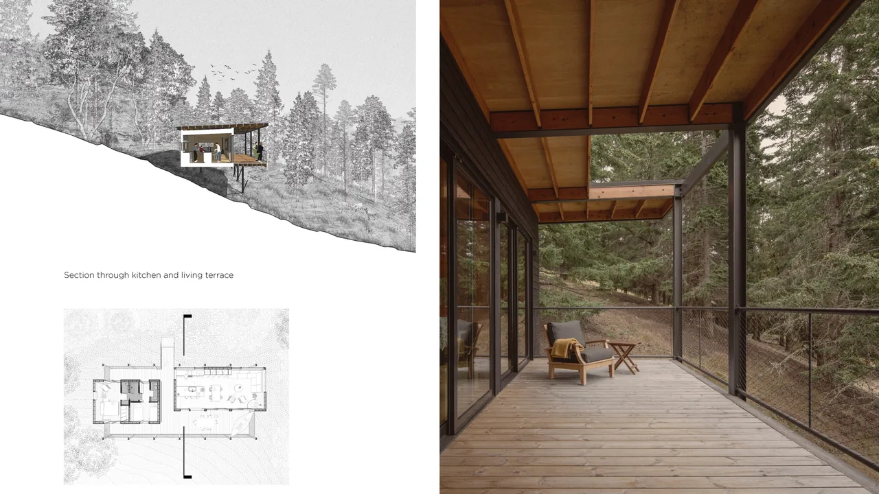 Covered wooden terrace features an armchair and small table, enclosed by metal railing, with forest views.