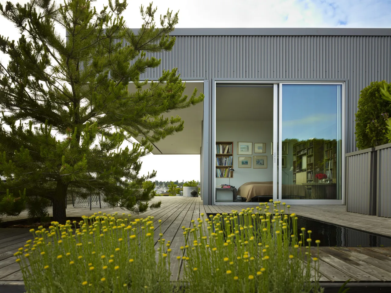 Modern exterior of Sky Ranch with sliding glass doors opening to a bedroom and wood decking with plants.