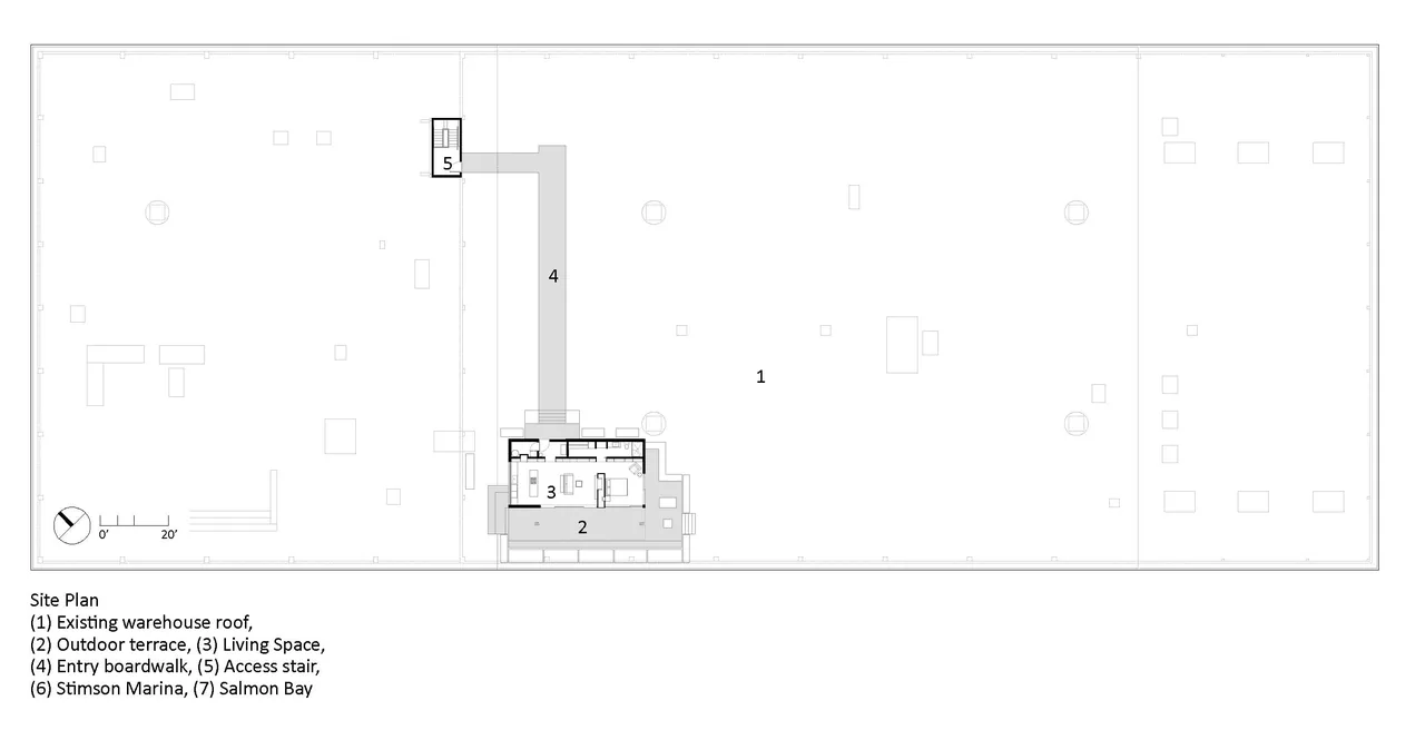 Site plan illustrating the existing warehouse roof with an outdoor terrace, living space, entry boardwalk, and access stair.
