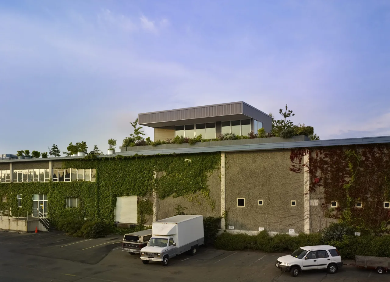 Sky Ranch project shows a modern rooftop addition with garden above an ivy-covered industrial building.