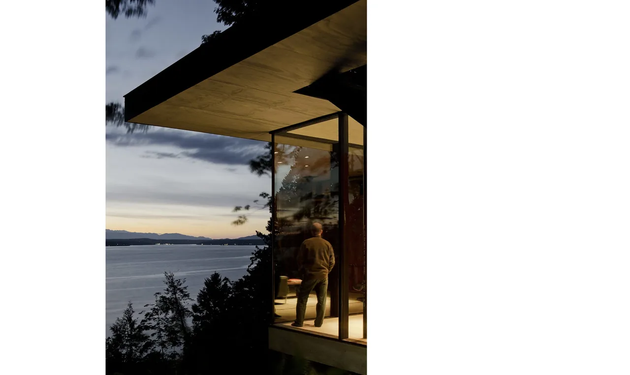 A man gazes out from a cantilevered glass room with wood ceiling, overlooking forest and lake views at dusk.