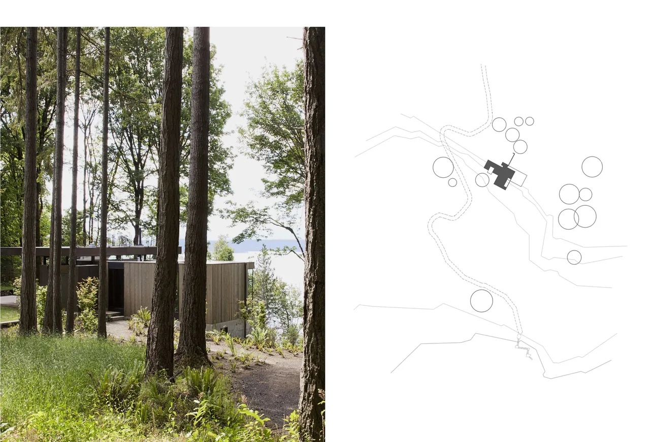 Exterior view of the case inlet retreat showing wood siding and flat roof amid forested site with waterfront view.