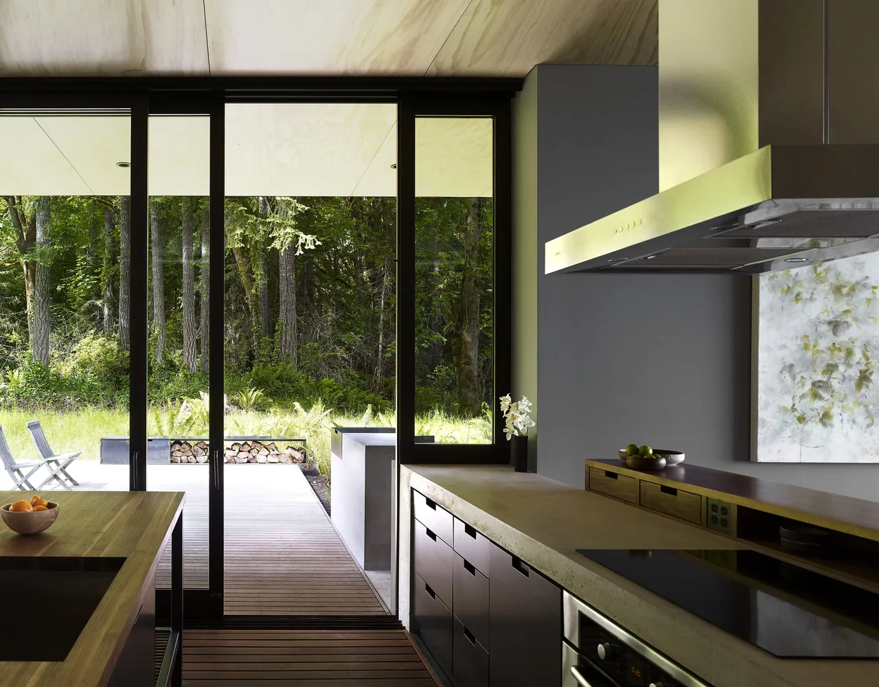 Modern kitchen with sliding glass doors leading to a wooden deck and forested backyard.