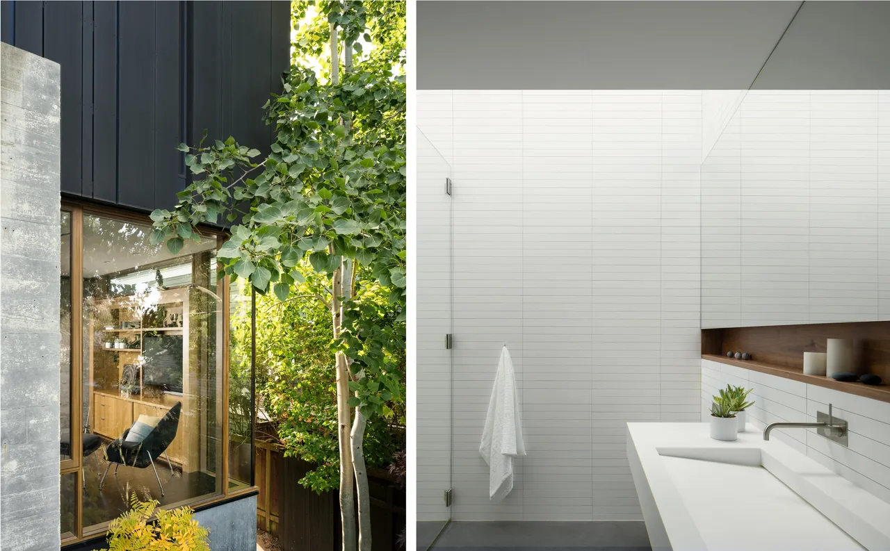 Side-by-side image of the Magnolia residence exterior with black metal siding and wood window, and a minimalist white bathroom with wood shelf inset.