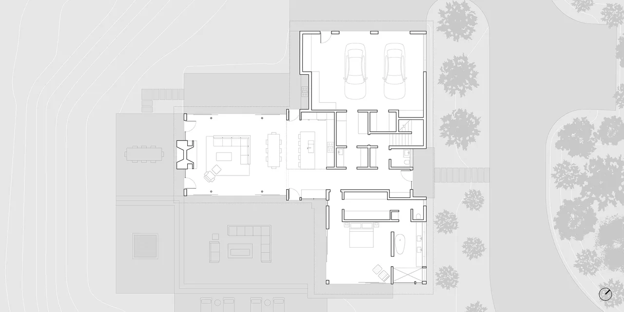 Floor plan of Aspen Valley Home showing layout of living, dining, kitchen, garage, bedroom, bath, and outdoor seating.