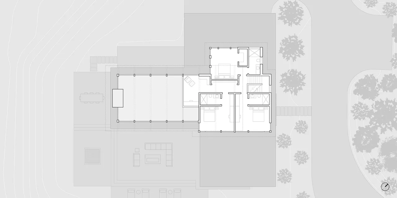 Floor plan of the Aspen Valley Home in Colorado shows layout with multiple bedrooms and outdoor seating areas.