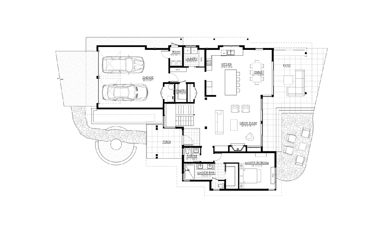 Floor plan for 360 King’s Court by Page & Beard Architects P.S. showing main living areas and garage layout.