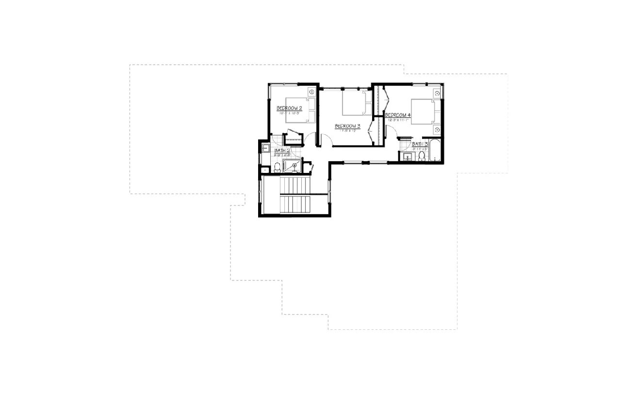 Floor plan depicting three bedrooms, two bathrooms, and a central stairwell layout for 360 King's Court project.