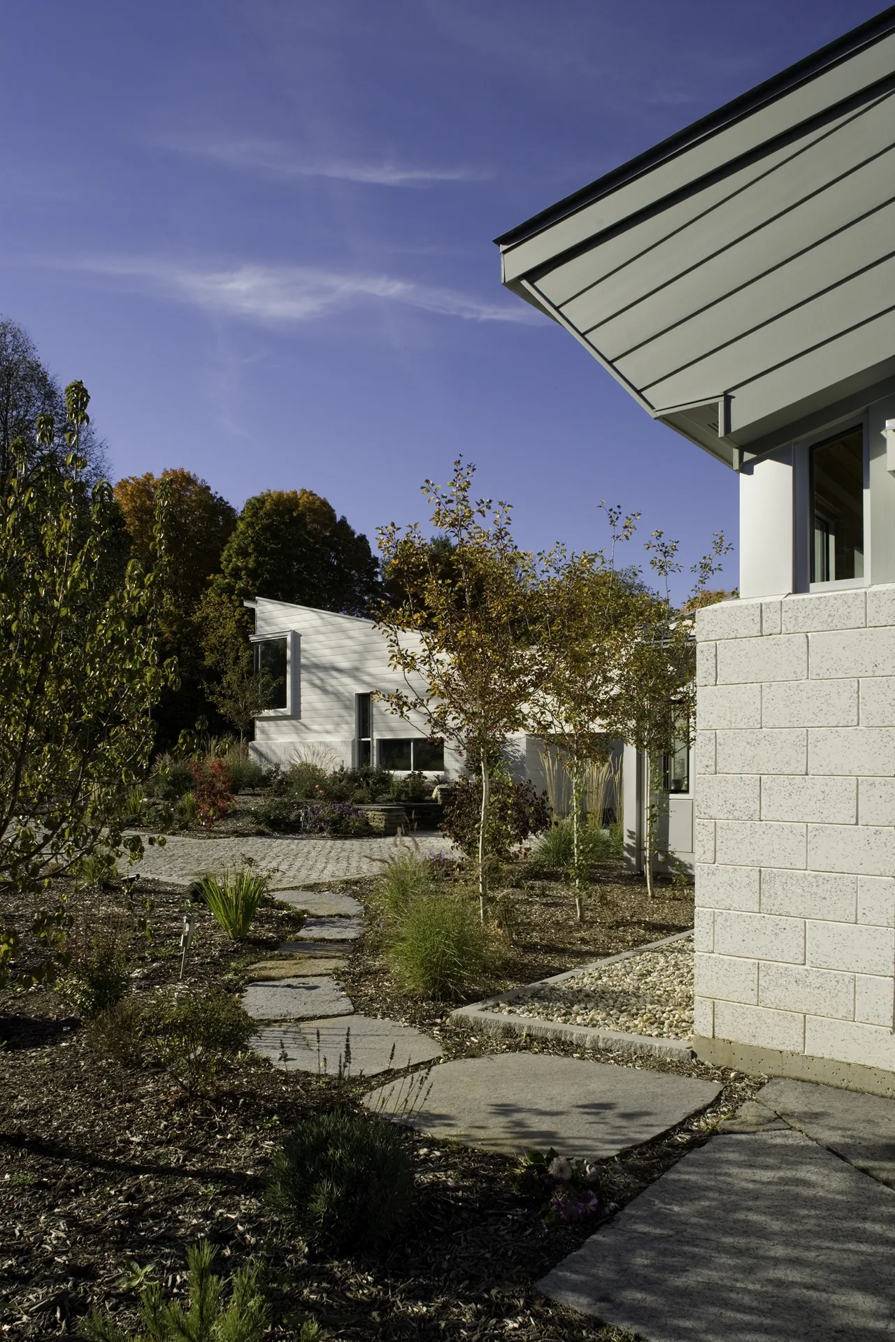Modern multi-level home with sloped metal roof, stone patio, and autumn landscaping.