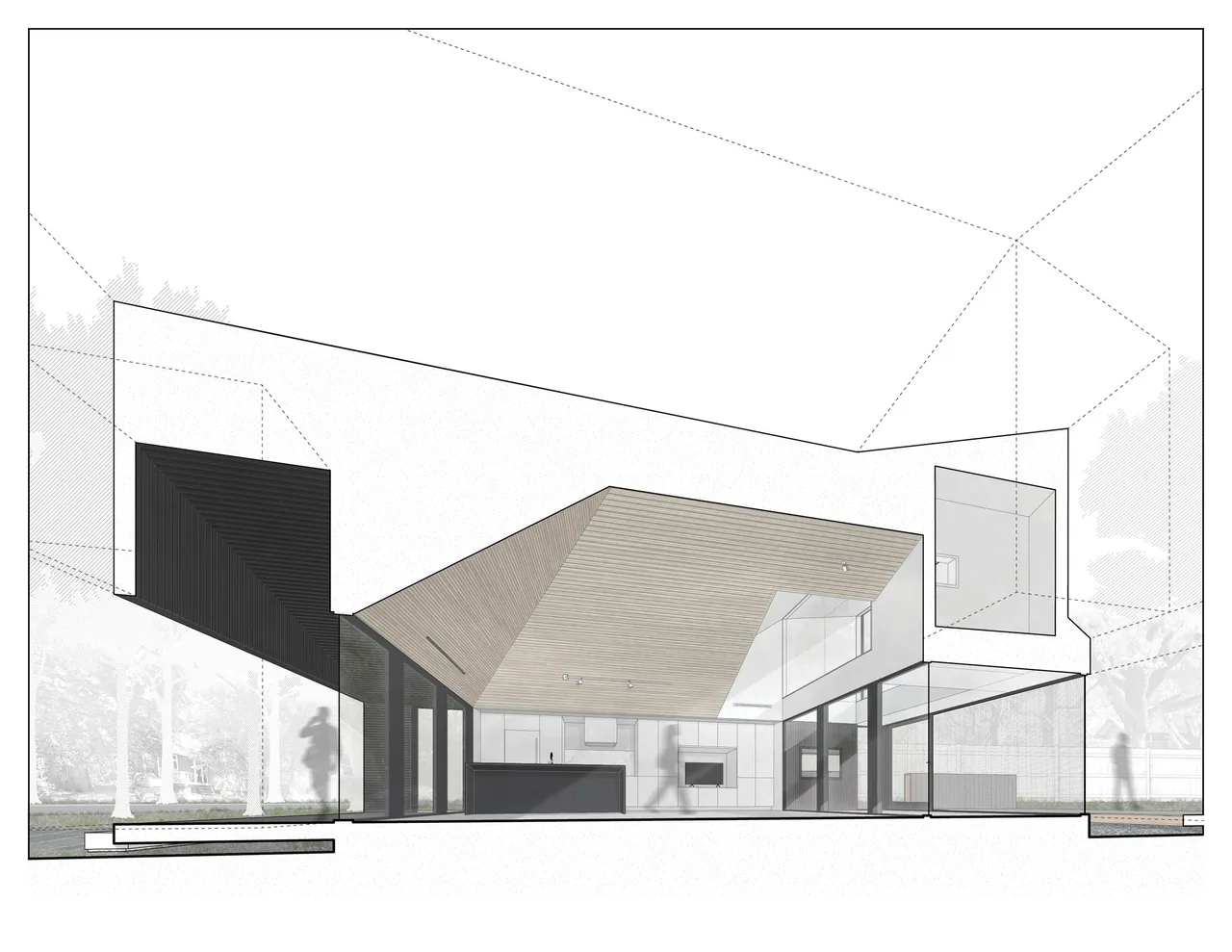 Interior rendering of Steel Louise features black window frames and a vaulted wood ceiling over the kitchen and living space.